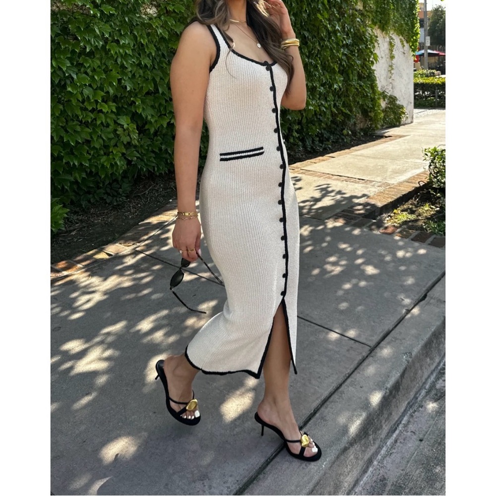 Elegant Cream and Black Button-Down Dress